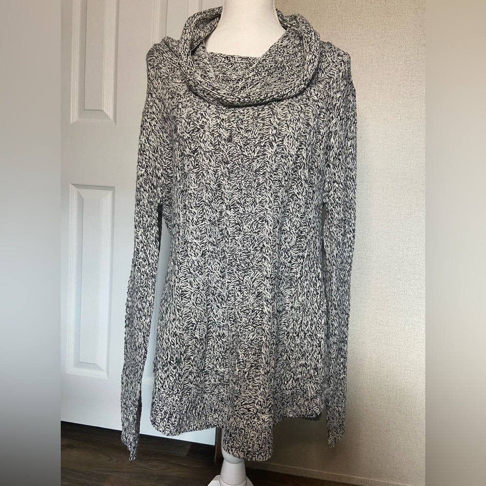 RD Style Cowl Neck Cable Knit Marled‎ Sweater Black White High Low Hem Tunic